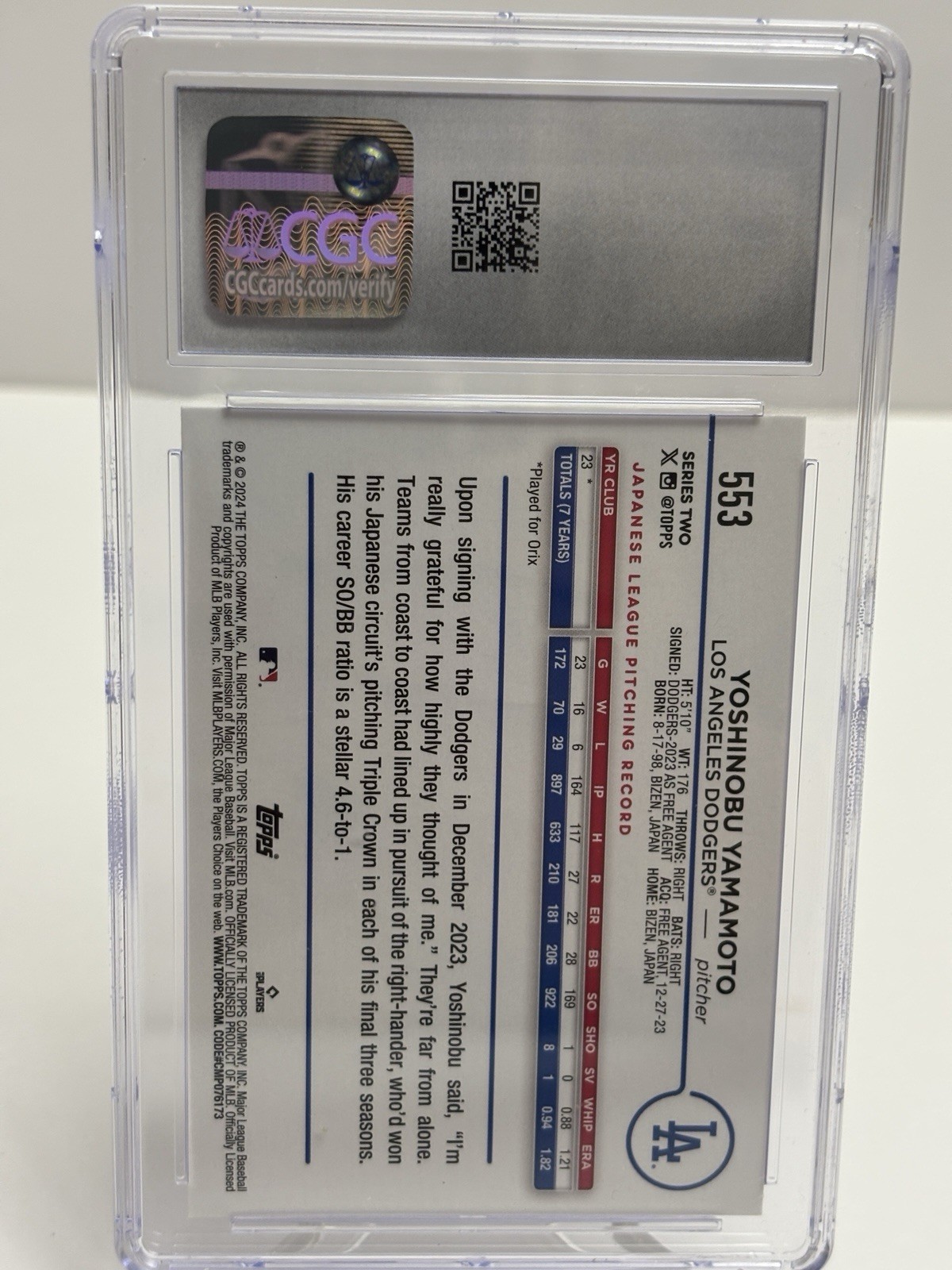 2024 Topps #553 Yoshinobu Yamamoto RC 582 Montgomery Club CGC 10 PRISTINE