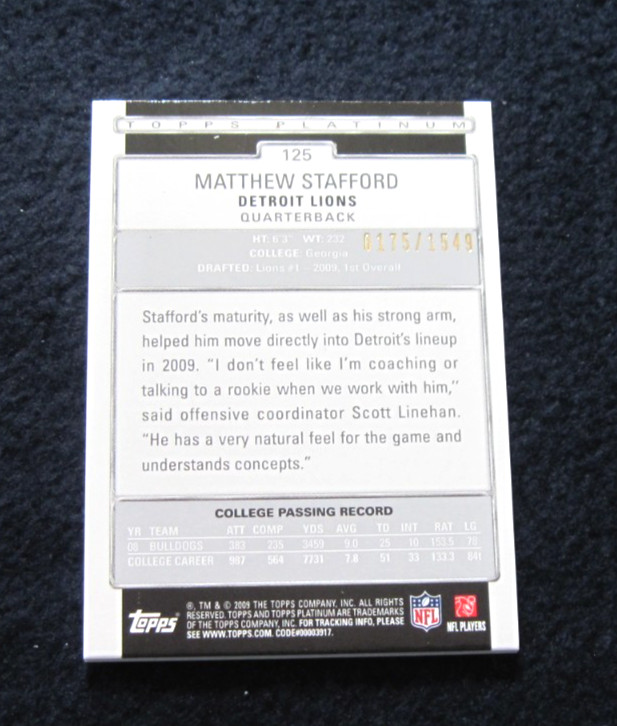 Mathew Stafford / 2009 Topps Platinum RARE Refractor RC #ed/1549 Nice Rookie!