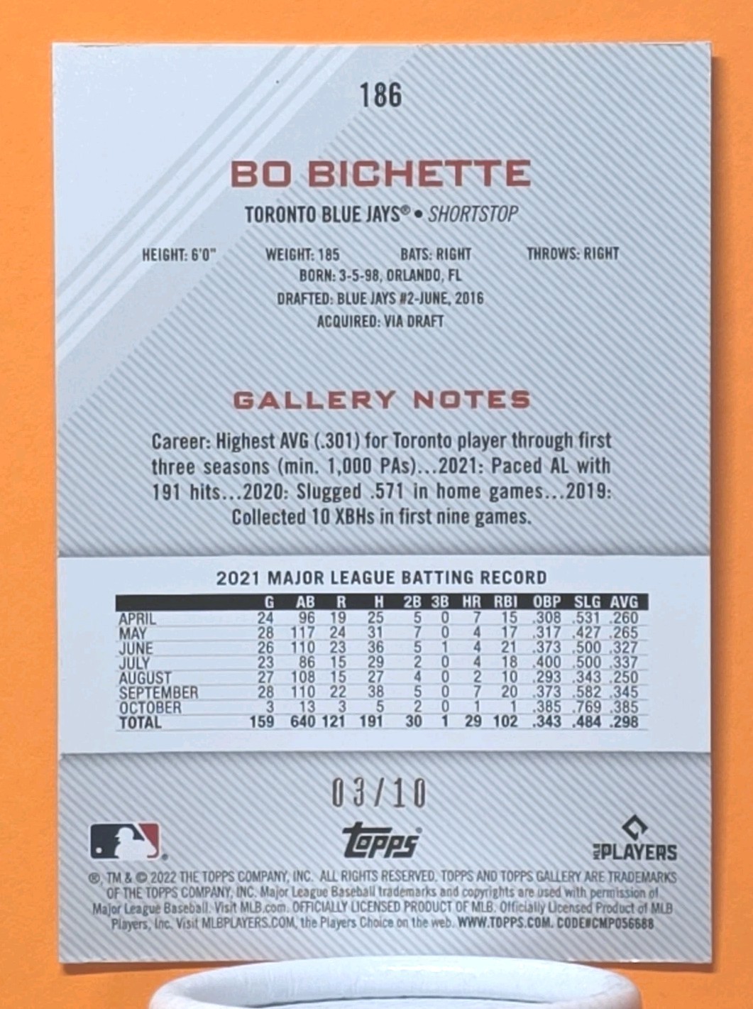 2022 Topps Gallery Bo Bichette #186 Orange Pattern /10 Toronto Bluejays SP Rare