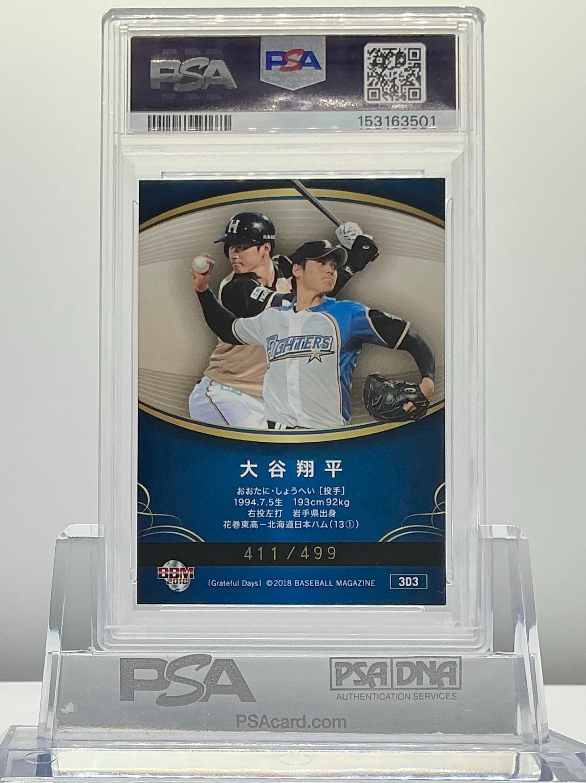 SHOHEI OHTANI 2018BBM GRATEFUL DAYS THE TWO-SWORD PLAYER 3D #3D3 PSA8!POP10!(RC)
