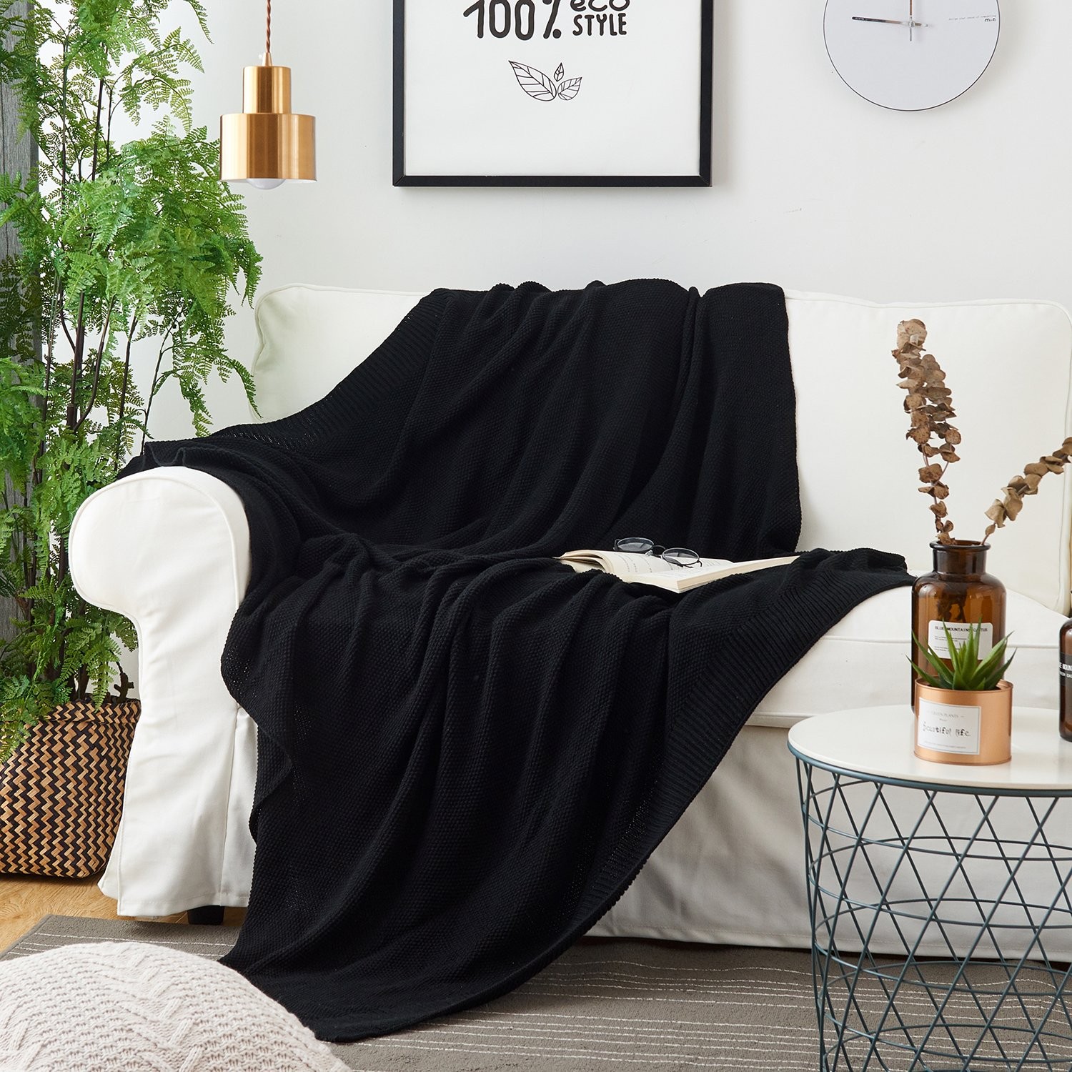 Longhui bedding Black Cotton Cable Knit Throw Blanket for 50″x60″,