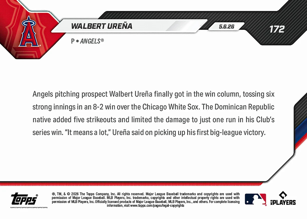 Walbert Ureña – 2026 MLB Topps NOW – Card 172 – 1st WIN RC SP