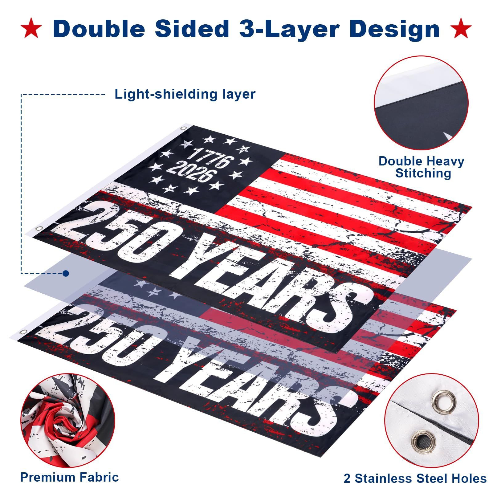 250th Anniversary USA Flag 3x5Ft, Double Sided 3-Ply Freedom 3 x 5 feet, A