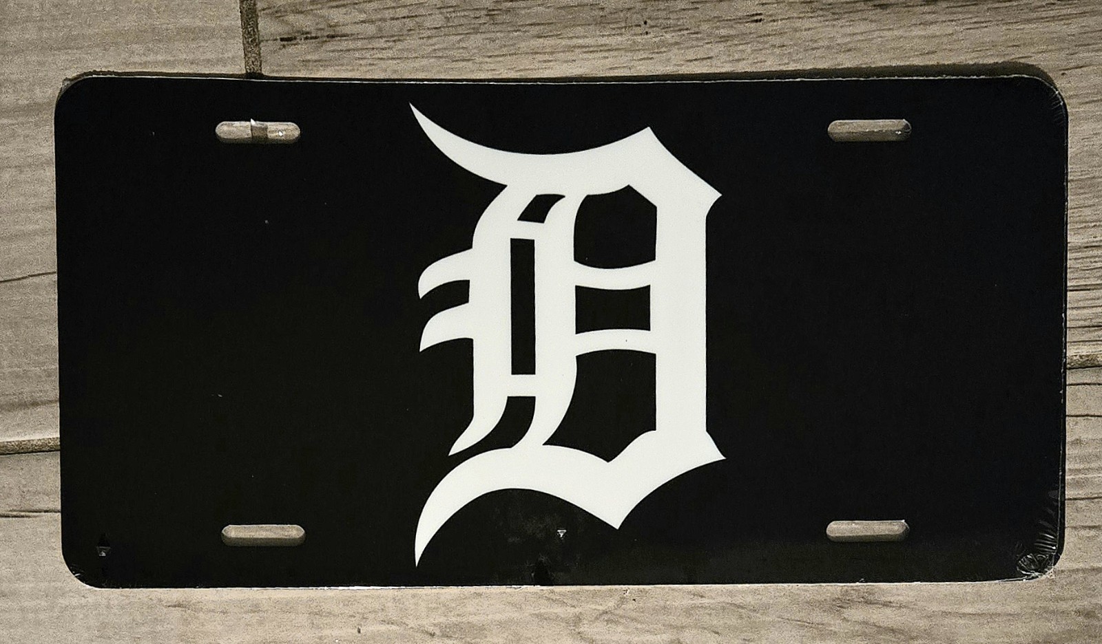Old English D Black & White License Plate Detroit