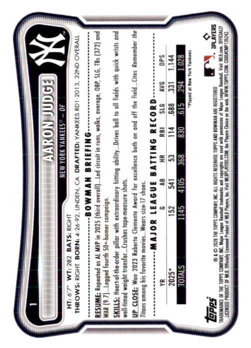 2026 Bowman Aaron Judge New York Yankees #1 5 Card Lot