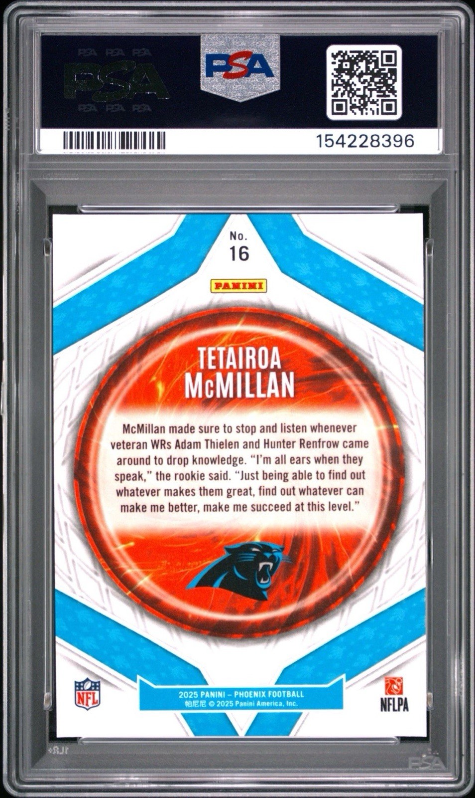 2025 Panini Phoenix Tetairoa McMillan Paragon Silver (RC) #16 ROY Panthers PSA 9