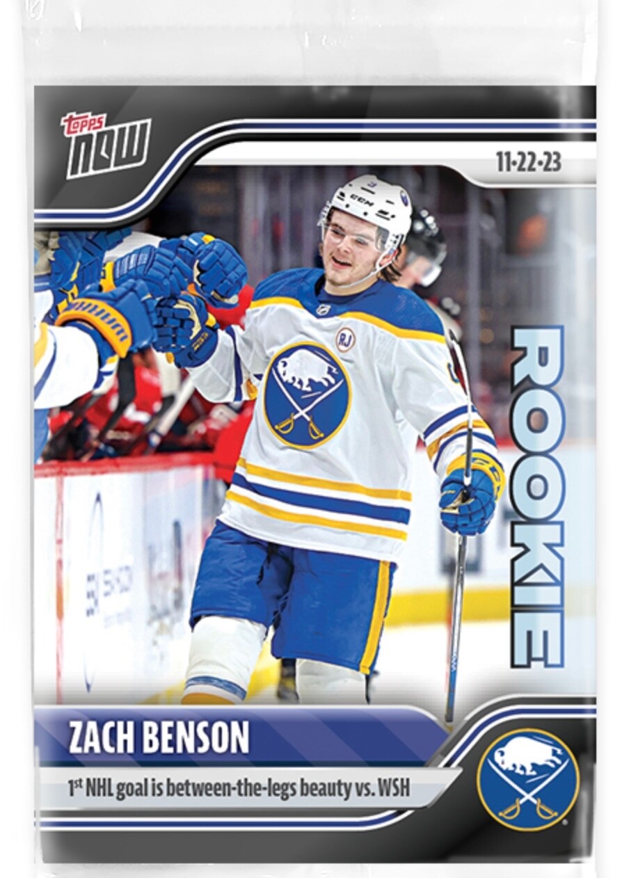 2023-24 TOPPS NOW NHL STICKER 44 ZACH BENSON SABRES ROOKIE 1ST GOAL IN HAND