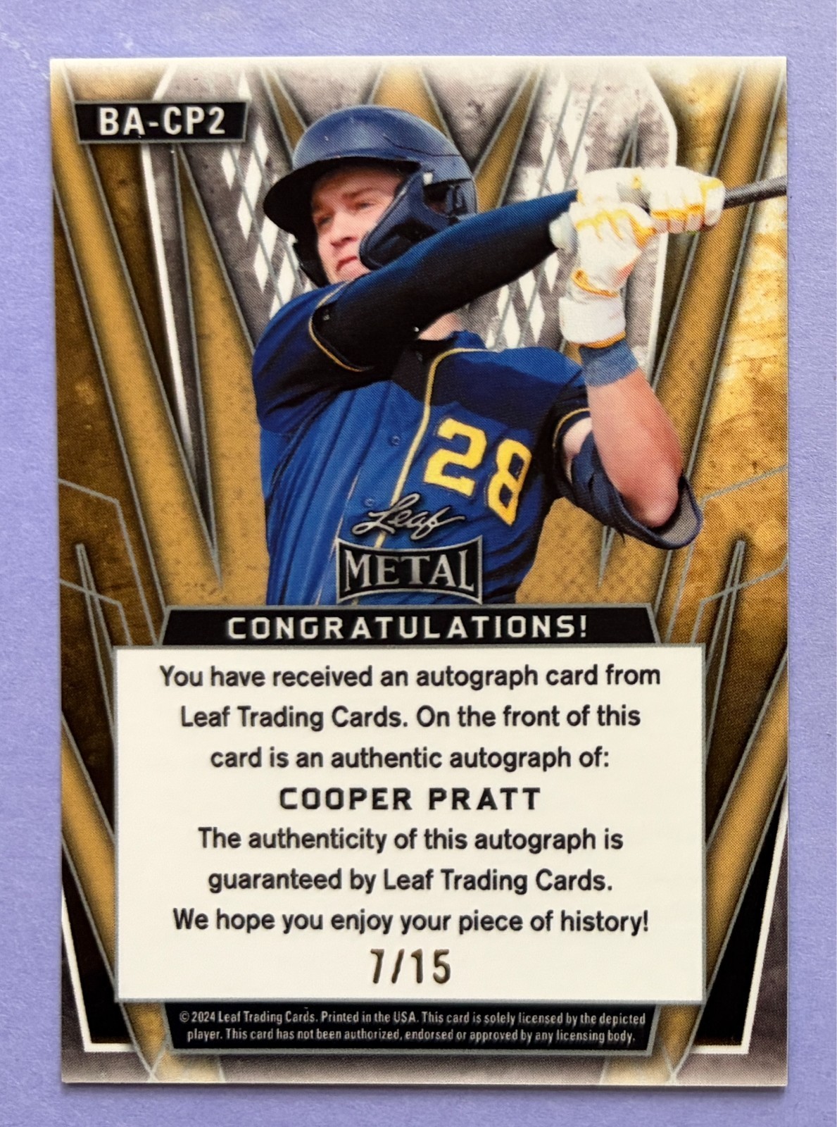 2024 Leaf Metal Draft /15 Purple Cooper Pratt Auto #BA-CP2 – MIL Rookie