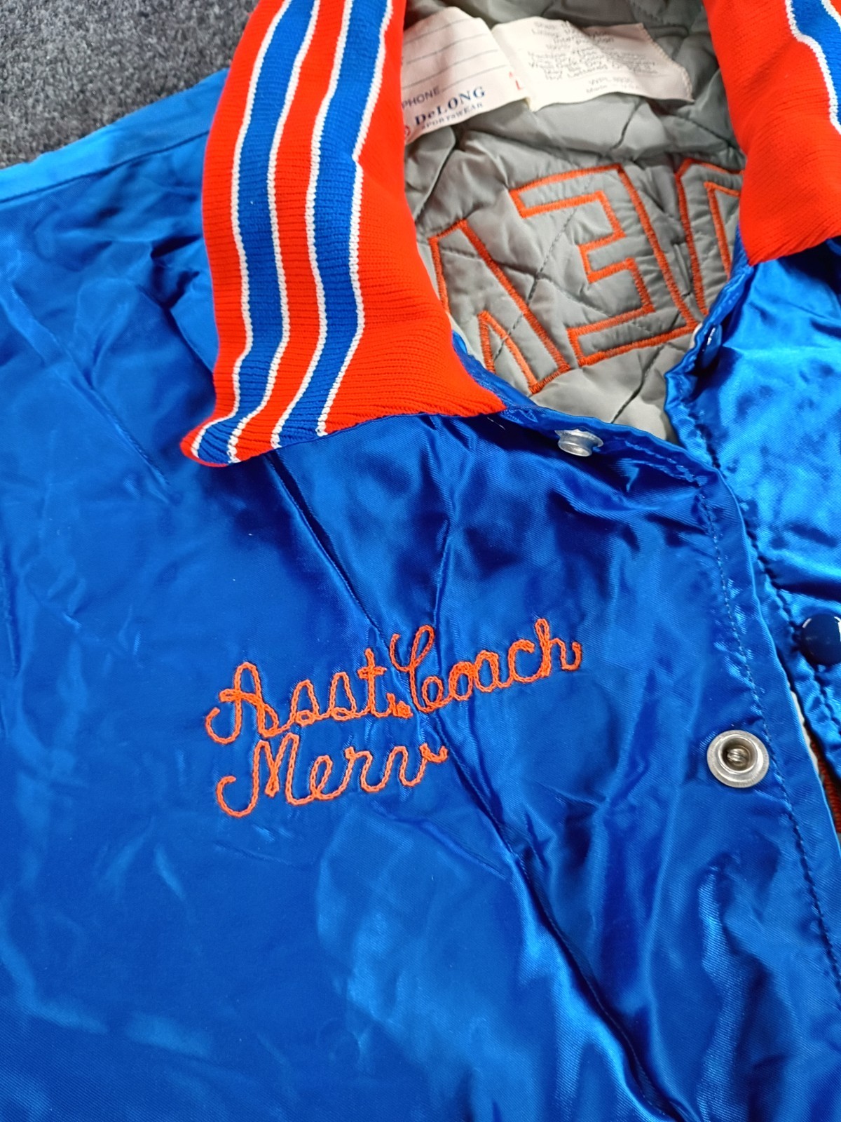 VTG DeLONG Sportswear Phoenix Hockey Satin Snap Jacket Blue/Orange/White Size L