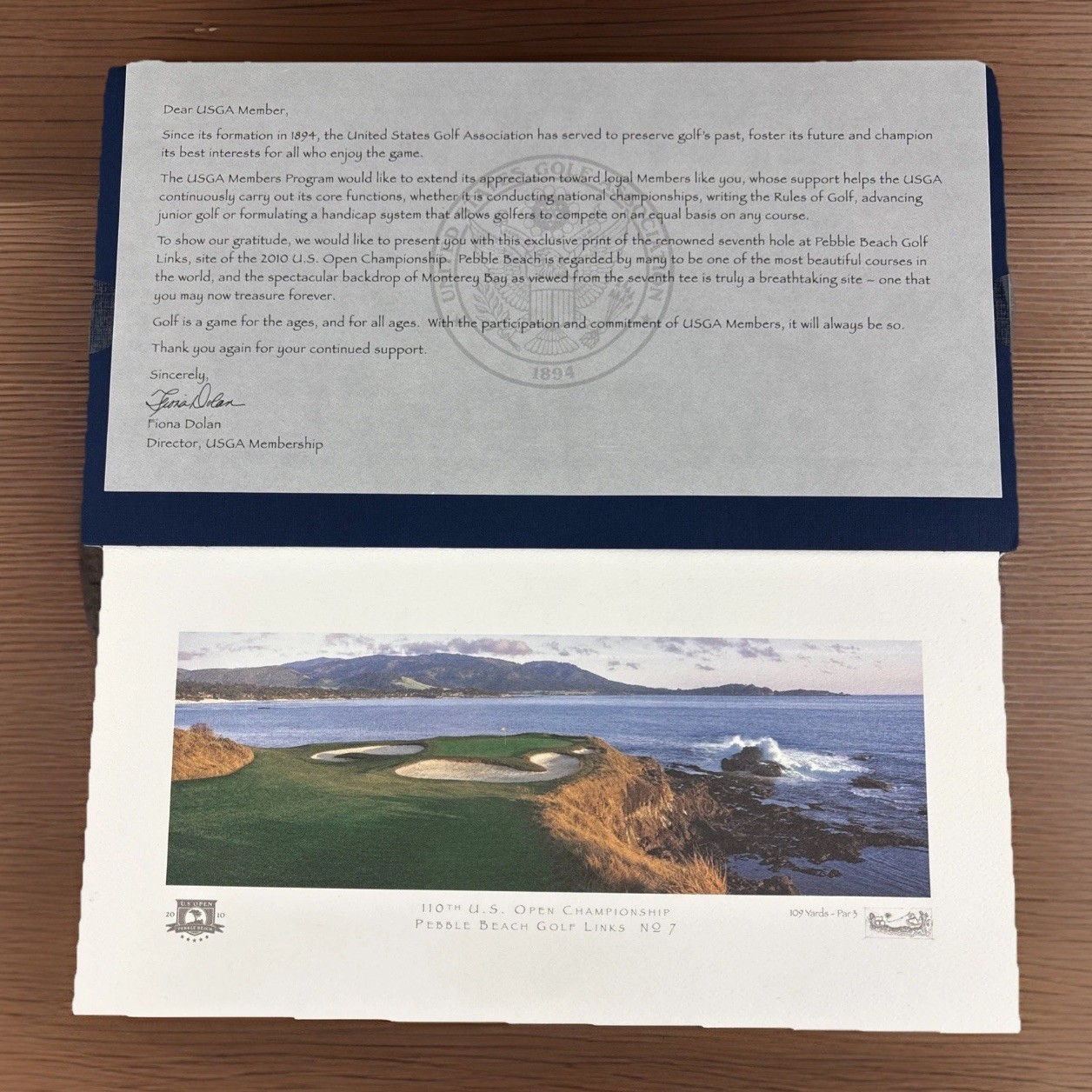 Letter & Print For USGA Members 7th Hole Pebble Beach 2010 US Open 10.5” x 5.5”