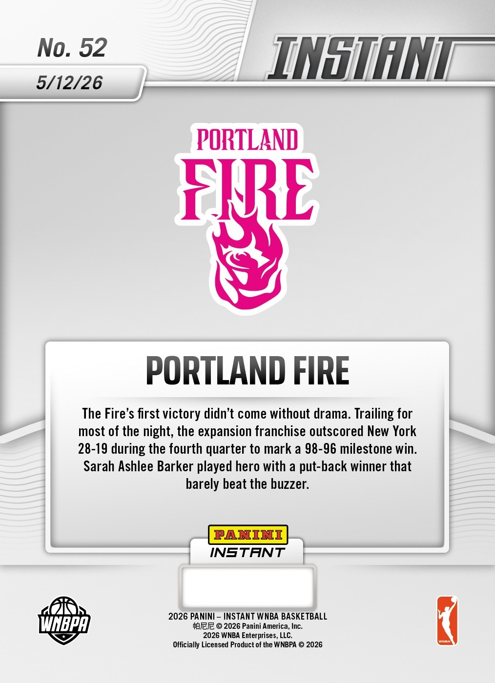 2026 Panini Instant WNBA #52 Portland Fire 1st Franchise Win /30 PRESALE