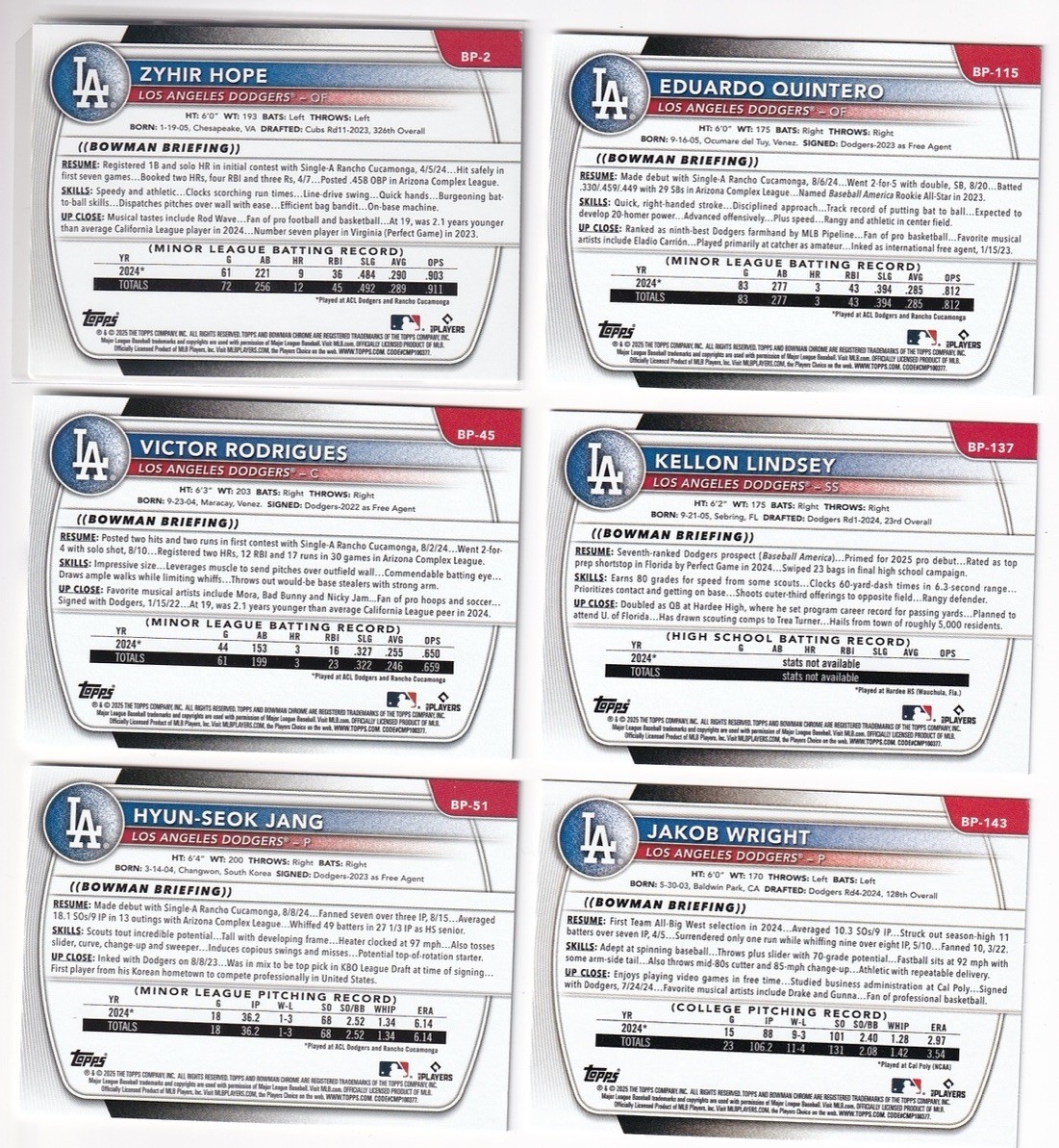 2025 Bowman Paper COMPLETE🔥 LA Dodgers Team Set BASE 1st RC $0.17/card