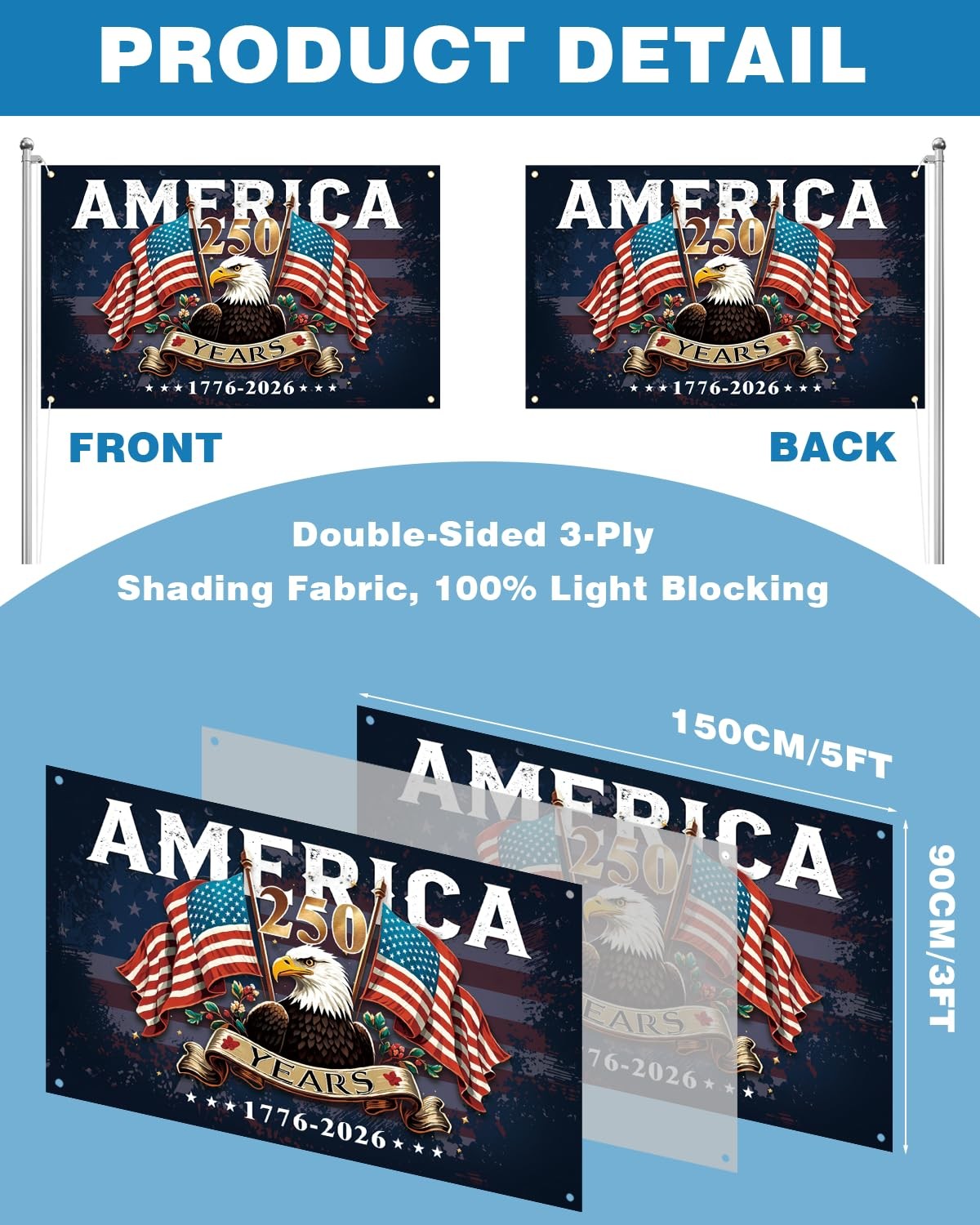 American 250th Anniversary Flag-3×5 FT Double-Sided 3-Ply 250 3×5 FT, Blue