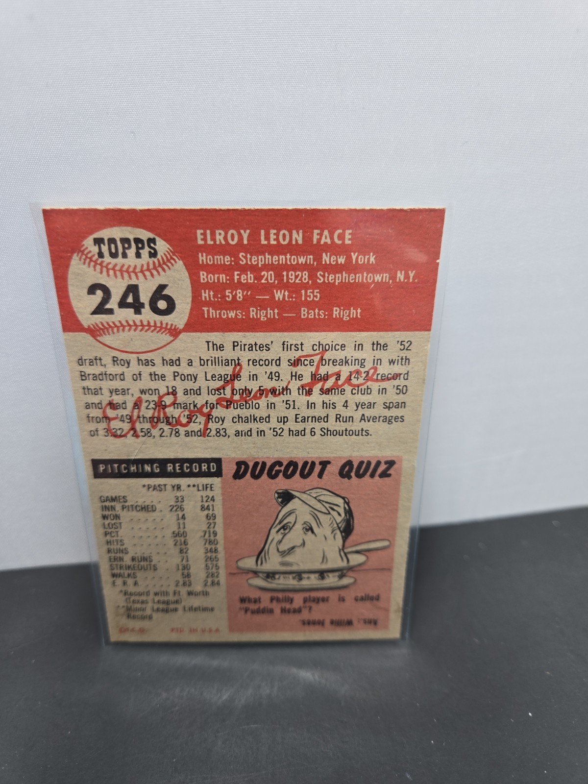 1953 Topps #246 Roy Face RC Pirates ROOKIE VG/EX – EX