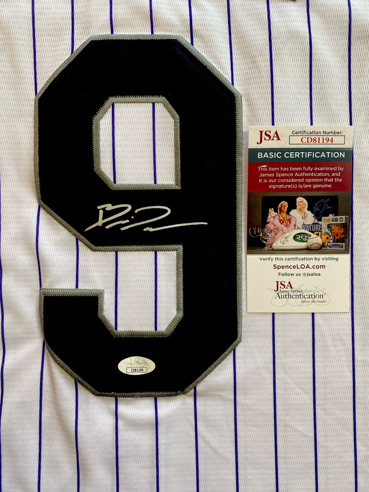 COLORADO ROCKIES- BRENTON DOYLE AUTOGRAPH #9 NIKE PINSTRIPE JERSEY JSA CD81194