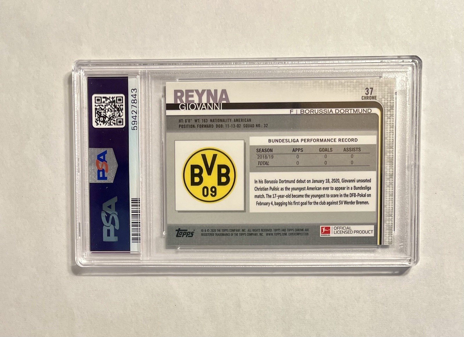 Giovanni Reyna 2019 Topps Chrome Bundesliga #37 PSA 9 Mint USMNT Rookie Card RC