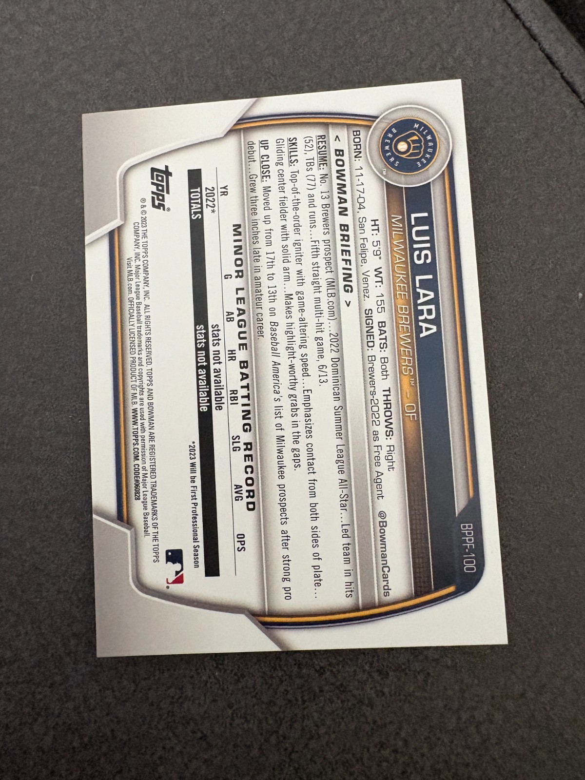 2023 Bowman 1st Edition Luis Lara Blue Border Foil 1st Prospect /150