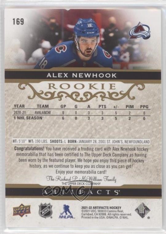 2021 Artifacts Rookies Gold Material Relics 625/799 Alex Newhook Rookie RC 14sr