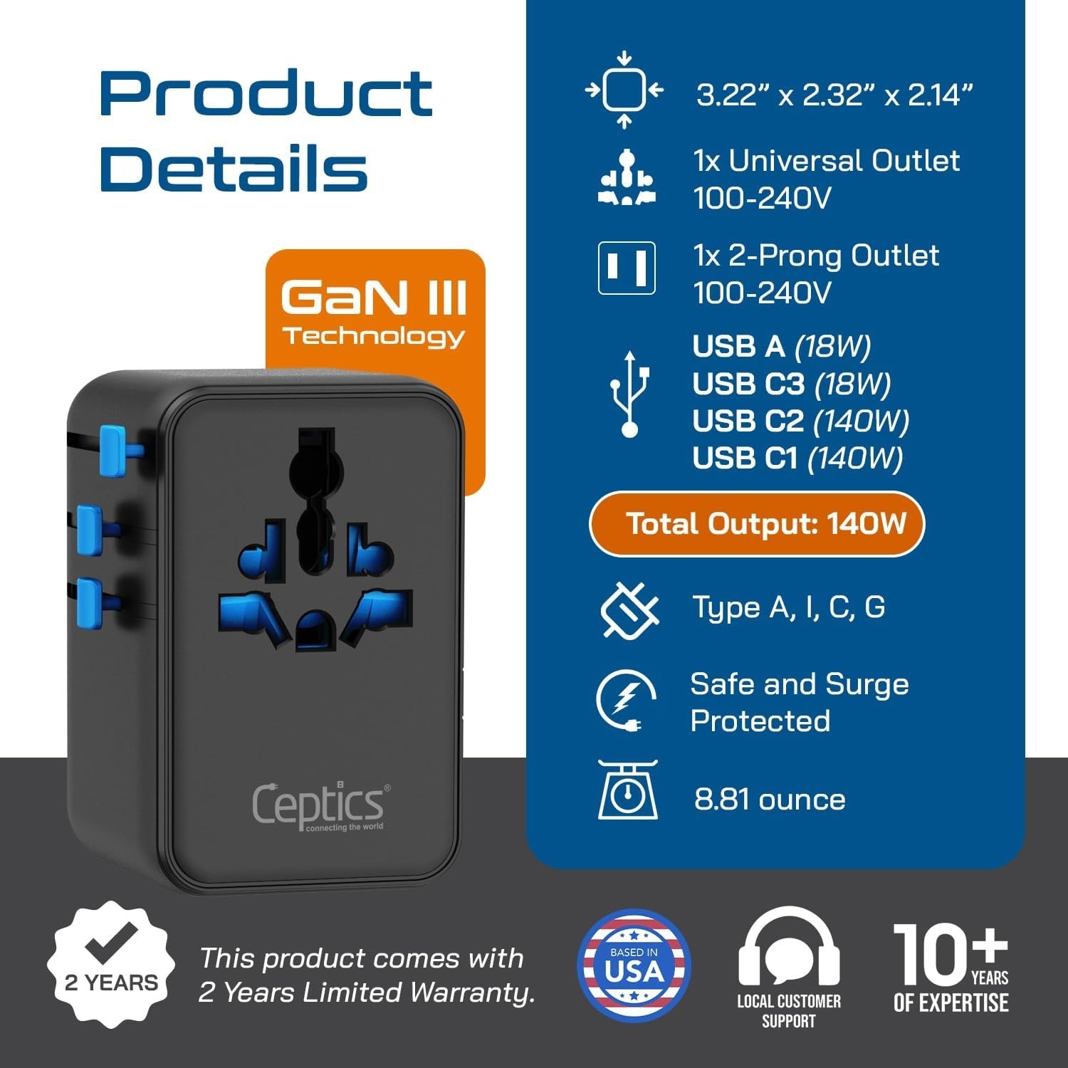 Ceptics 6-in-1 International Adapter, 140W PD USB-C, 1USB-A/3USB-C,CE/RoHS