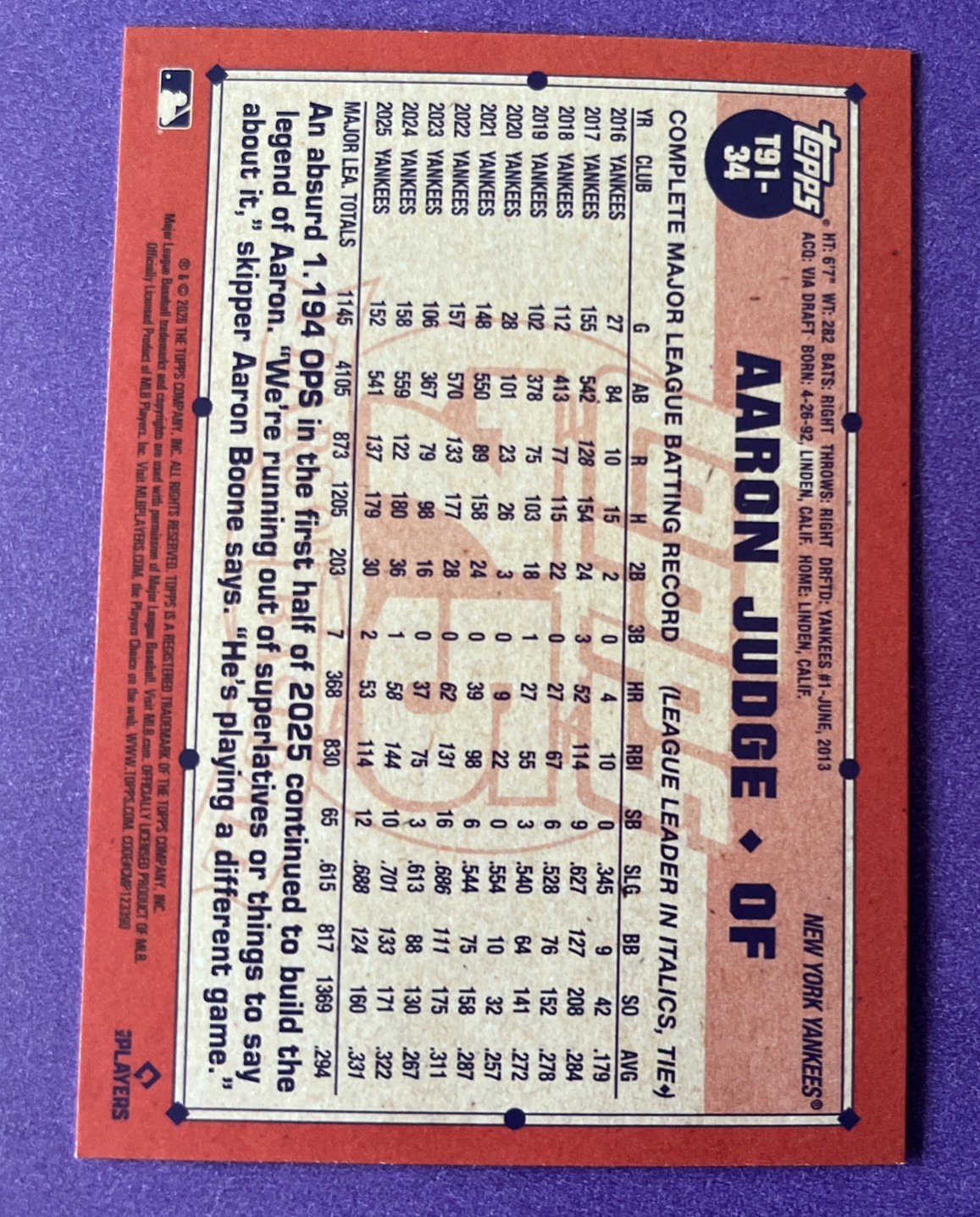2026 Topps Series 1 – 1991 Topps Baseball Aaron Judge #T91-34 Crackle Foilboard
