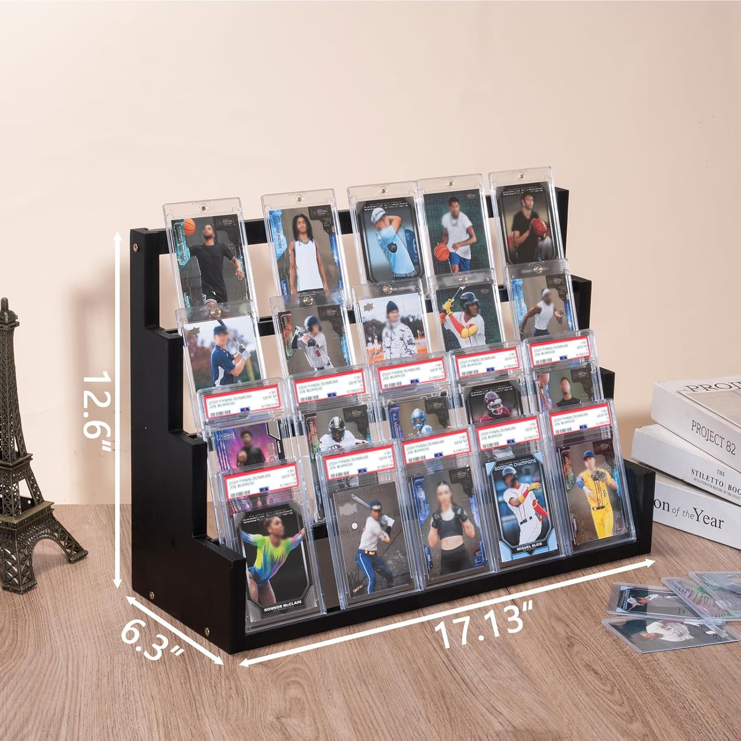 4 Tier Card Display Stand, Wooden Trading Card Display Stand Tabletop, Graded Ba