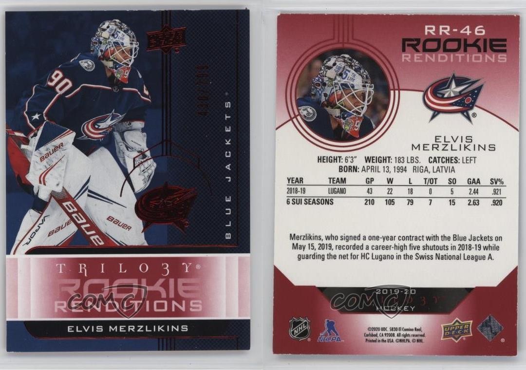 2019 Upper Deck Trilogy Rookie Renditions Red Foil /799 Elvis Merzlikins RC 1sr1