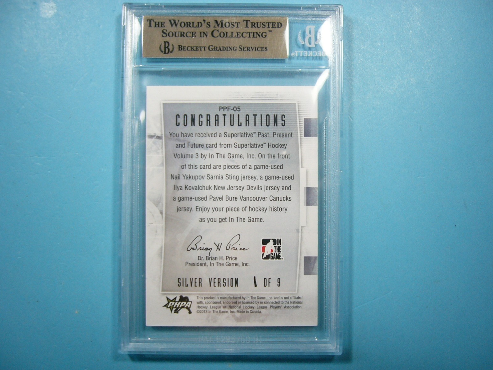 2012/13 IN THE GAME SUPERLATIVE PPF05 YAKUPOV KOVALCHUK PAVEL BURE KSA 9.5 ITG 9