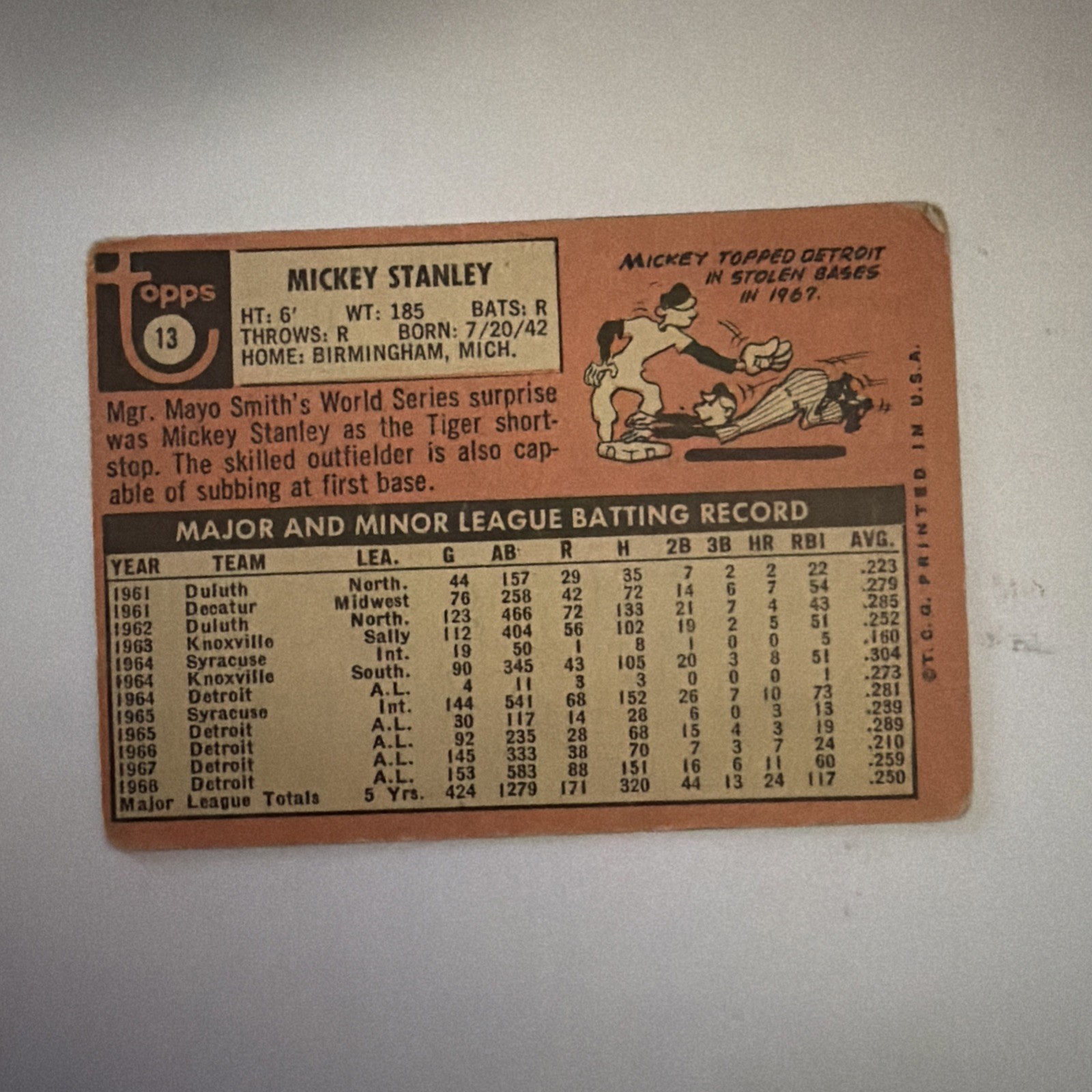 1969 Topps – Mickey Stanley #13