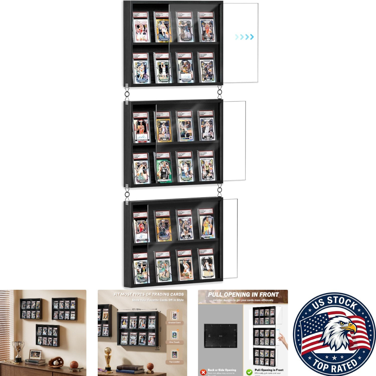 3-Pack Black Wooden Trading Card Display Cases with Acrylic Front for Wall Mount