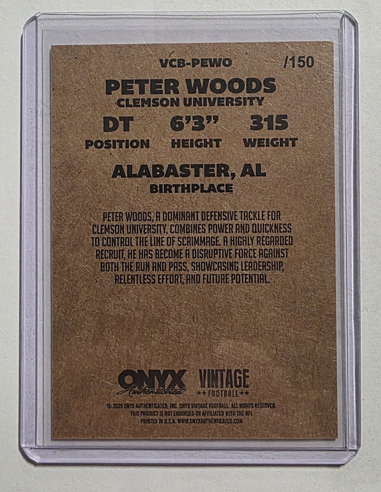 Onyx Vintage Campus Kings Peter Woods Clemson /150 Card Chiefs / Clemson