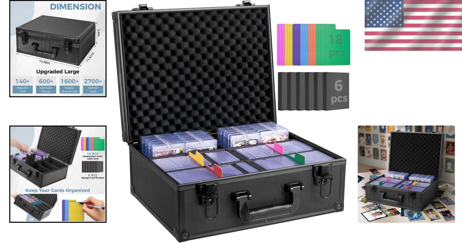 Sports Card Case with 18 Color Dividers & Key Lock for Safe Storage