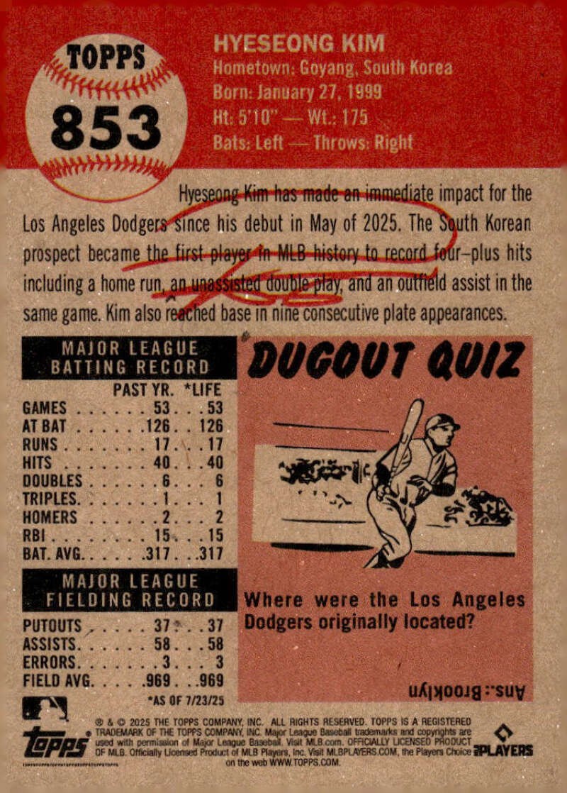 HYESEONG KIM RC 2025 Topps Living Set ROOKIE #853 PR:2094 Dodgers NM-M ID:144754