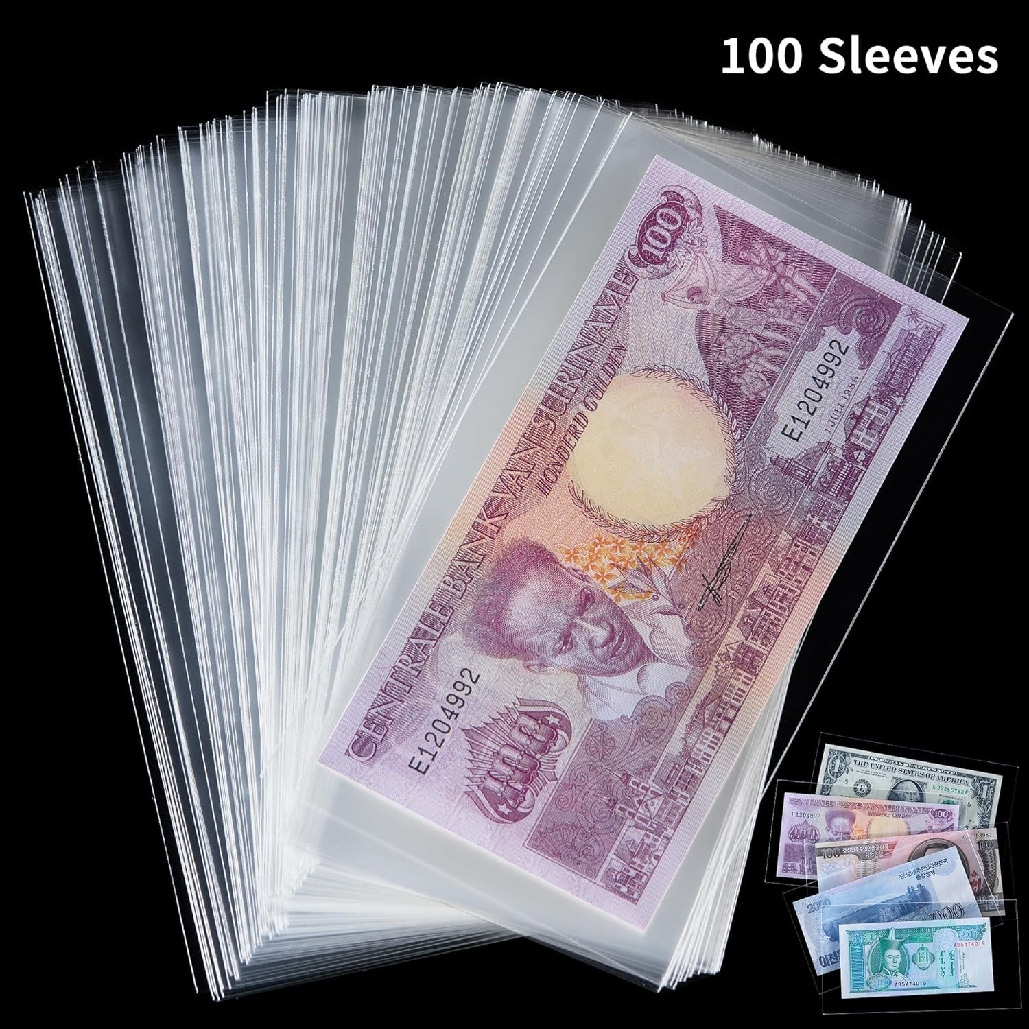 100 Pcs Clear Currency Sleeves with Storage Box for Banknotes & Stamp Collection