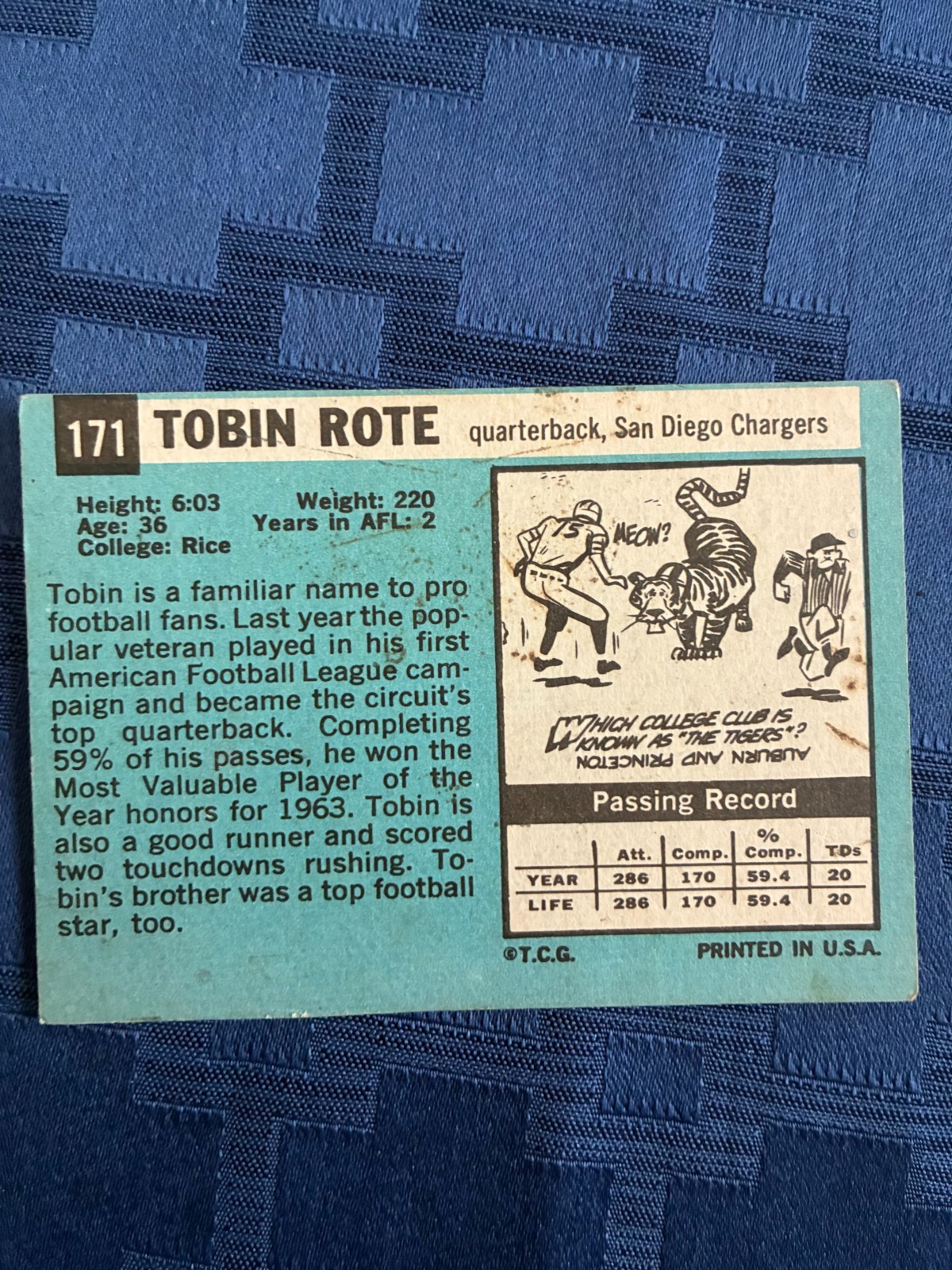 1964 TOPPS #171 TOBIN ROTE SAN DIEGO CHARGERS VERY GOOD COND & LOW SHIP