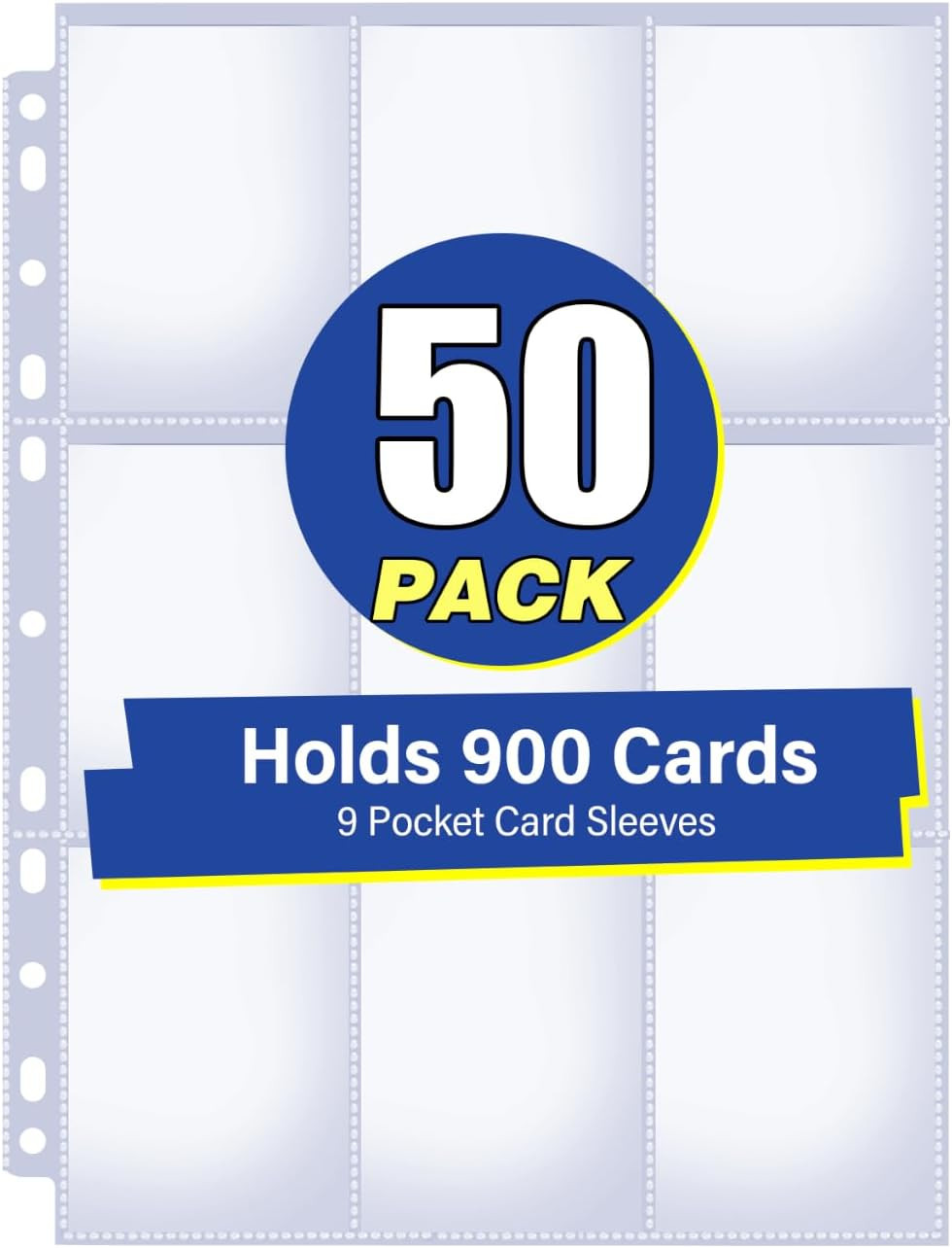 50 Pack 9 Pocket Card Sleeves Binder Sheets, Holds 900 Cards, Trading Card