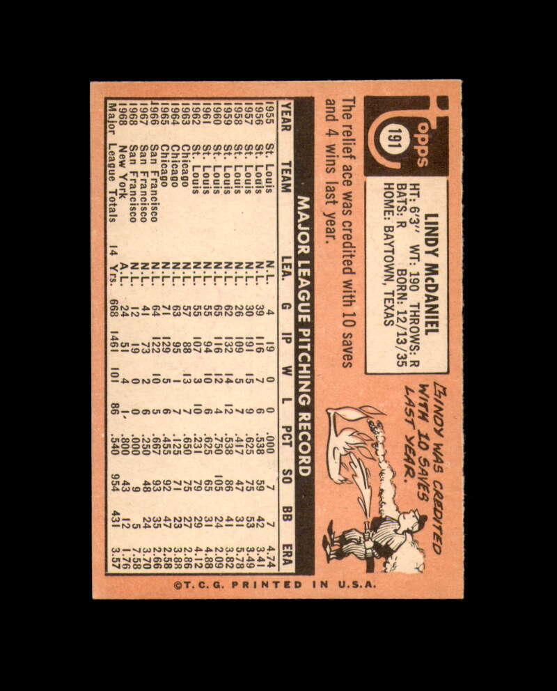 Lindy McDaniel Signed Authentic 1969 Topps New York Yankees Autograph