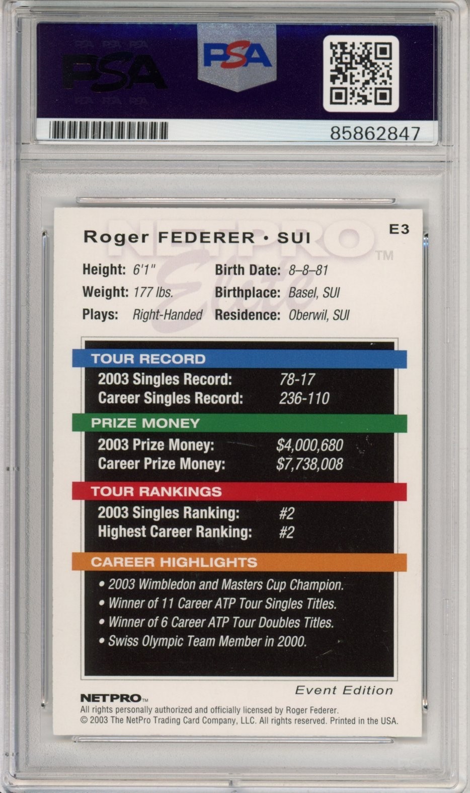 2003 NETPRO ELITE EVENT ROGER FEDERER SIGNED ROOKIE PSA DNA COA AUTOGRAPH AUTO