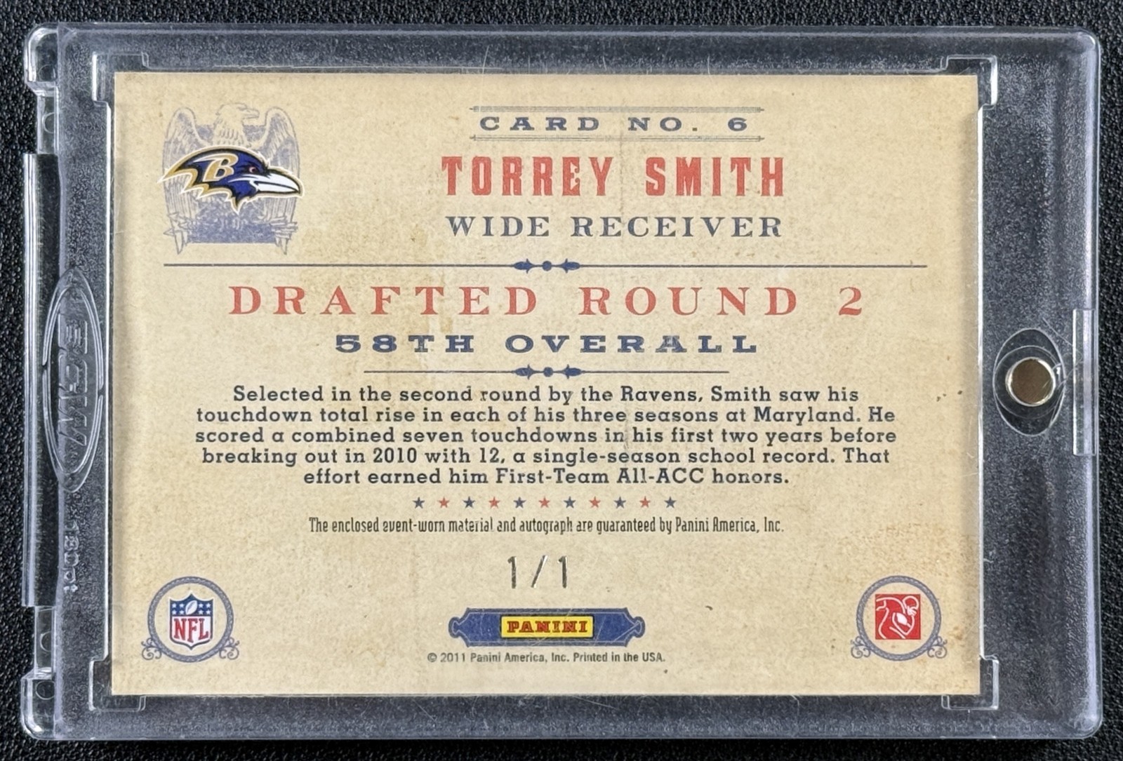 TORREY SMITH 2011 PANINI TIMELESS TREASURES #6 ROOKIE NFL SHIELD PATCH AUTO 1/1
