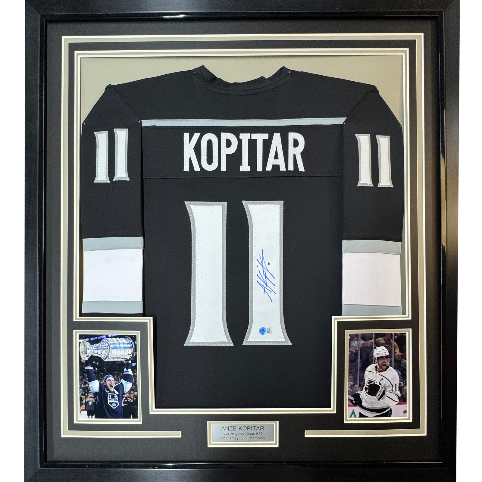 Framed Autographed/Signed Anze Kopitar 35×39 Los Angeles LA Black Jersey JSA COA