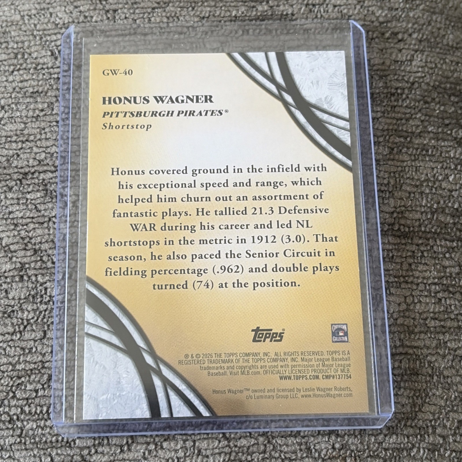 2026 Topps Series 2 Glove Work Gold Foil Insert Honus Wagner /50 GW-40