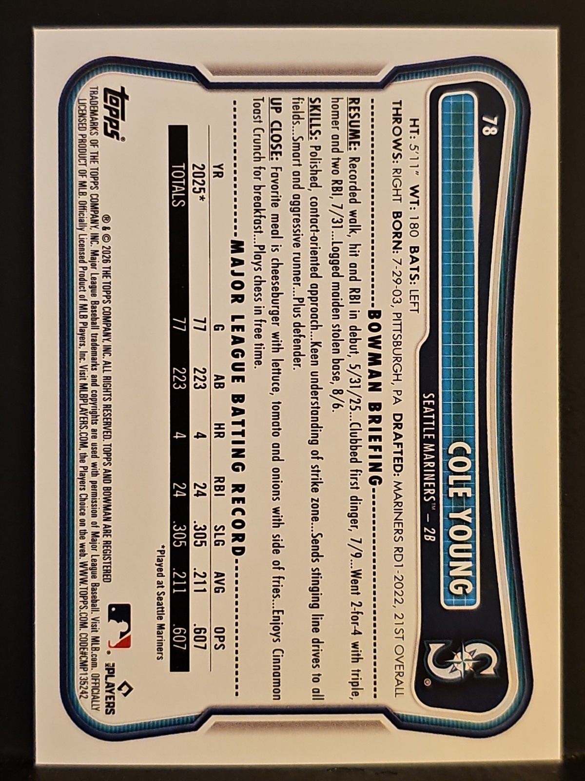 2026 Bowman #78 Cole Young RC MARINERS