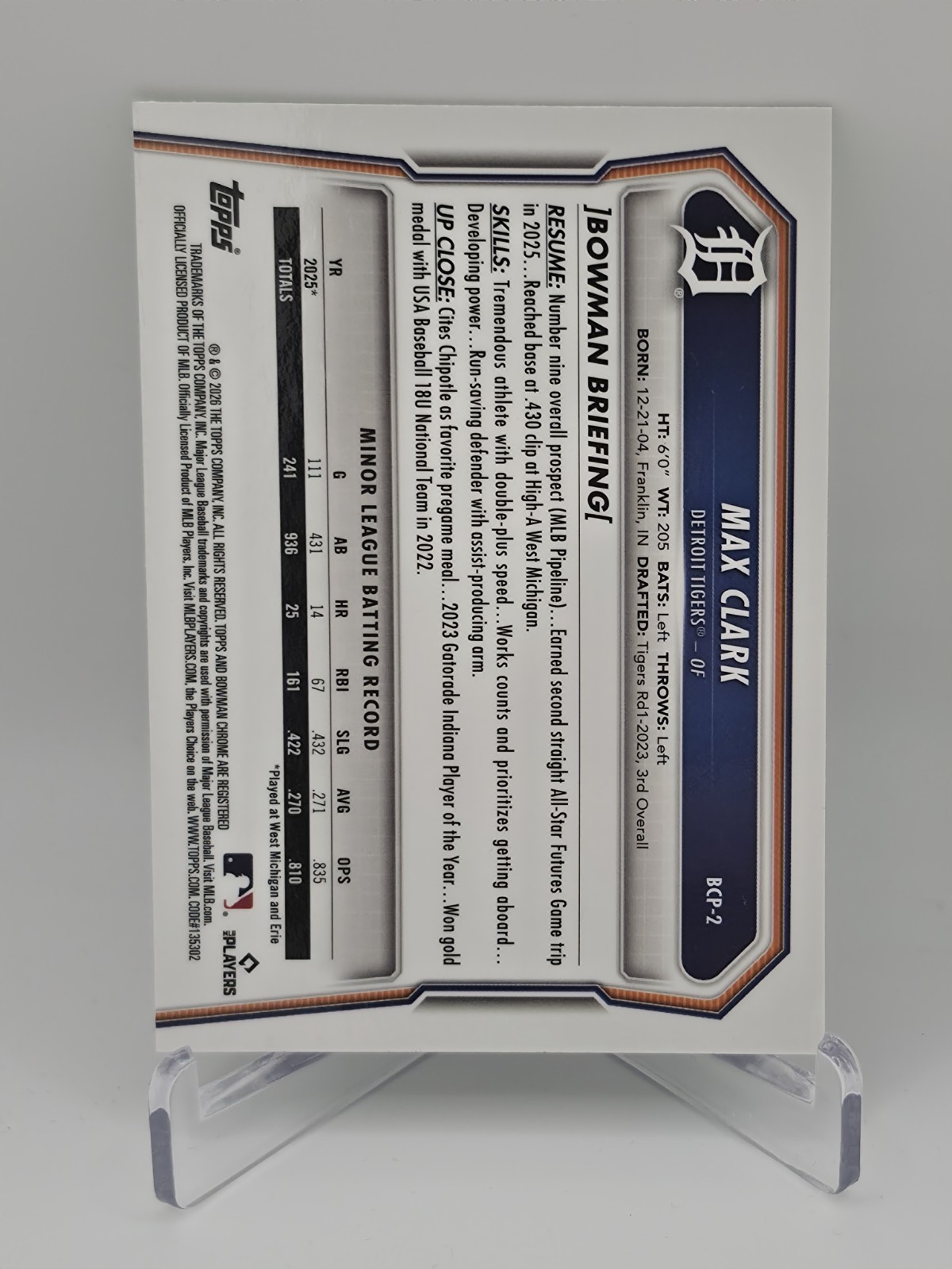 2026 Bowman Chrome Prospects Max Clark Green Shimmer /99 BCP-2 Tigers