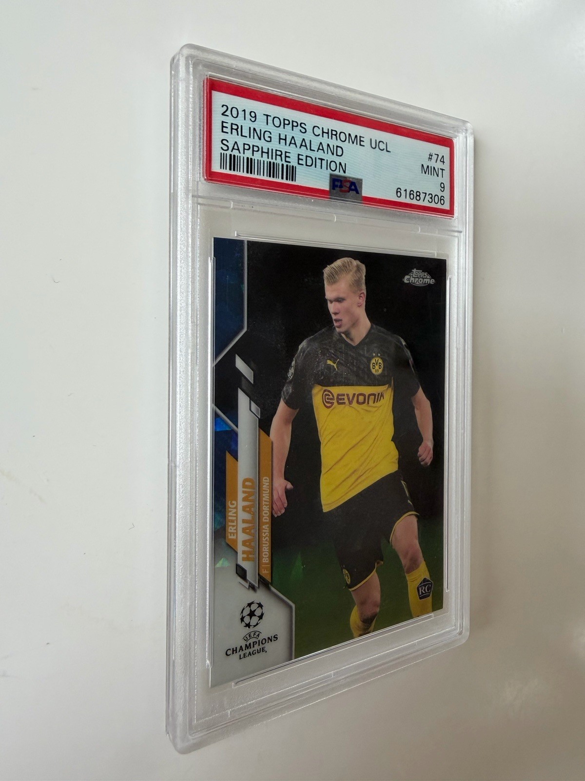 2019-20 Topps Chrome UEFA Sapphire Edition Erling Haaland #74 (RC) Rookie PSA 9