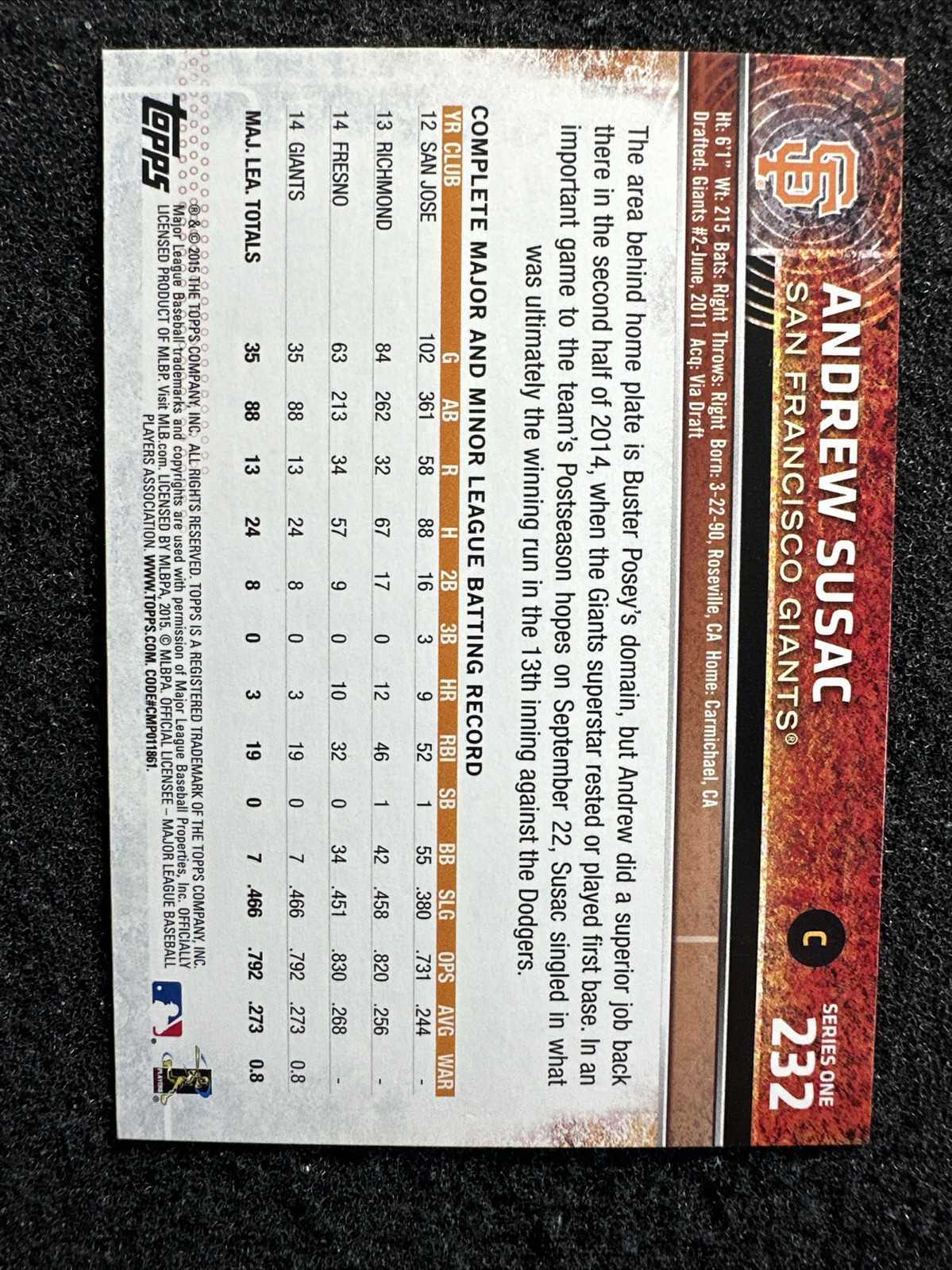 ANDREW SUSAC #232 2015 Topps Baseball QTY San Francisco Giants