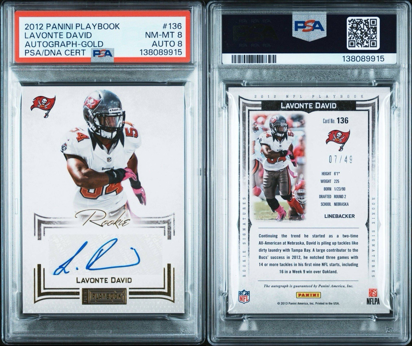 2012 7/49 PANINI PLAYBOOK AUTOGRAPH GOLD LAVONTE DAVID PSA 8 AUTO 8 136