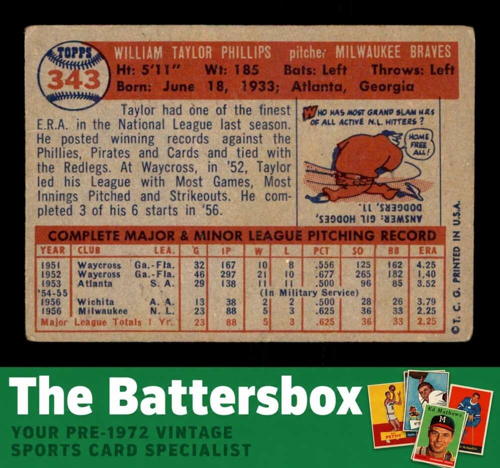 1957 Topps #343 Taylor Phillips RC VG/VGEX X3760192