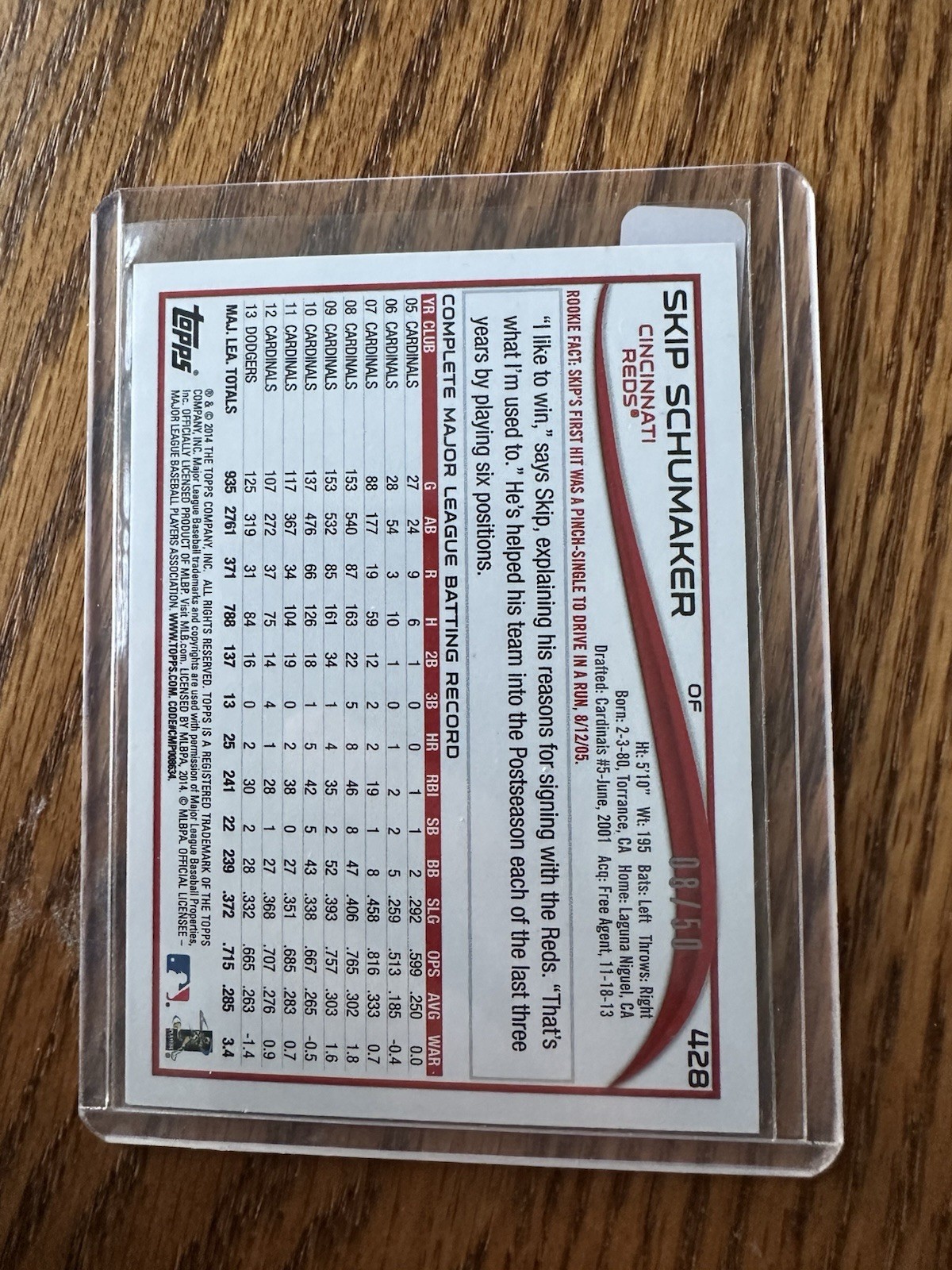 2014 Topps Pink 8/50 Skip Schumaker #428