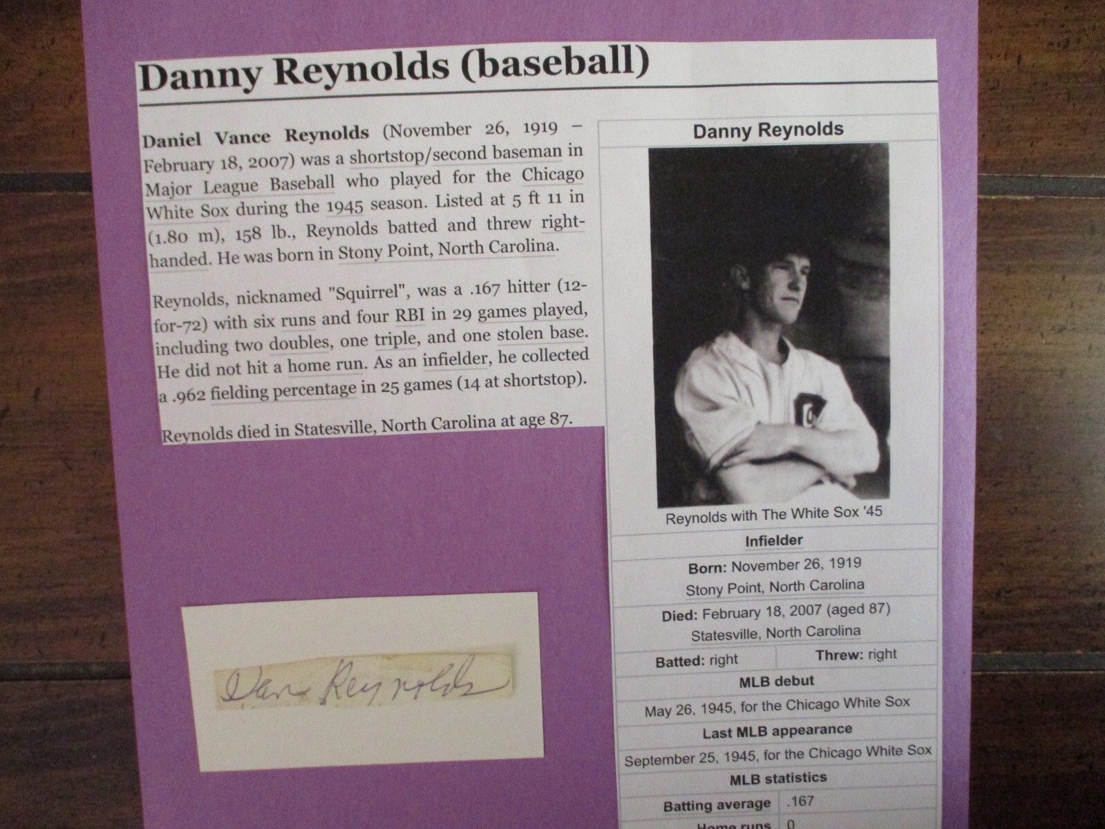 DANNY REYNOLDS(D-’07)Signed Cut Signature w/8 x11 Display w/Stats/Photo/Obituary