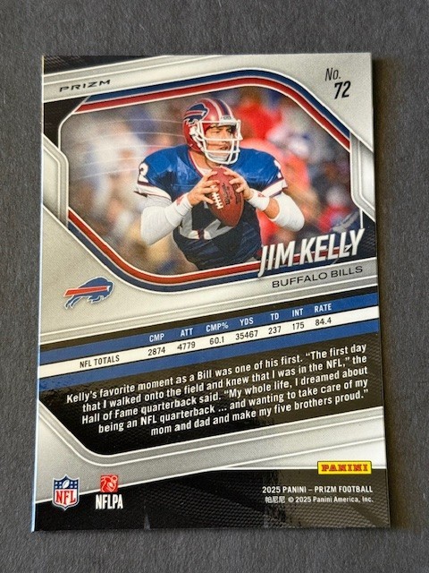 2025 Panini Prizm White Disco Prizm Jim Kelly Buffalo Bills 72 Insert Card