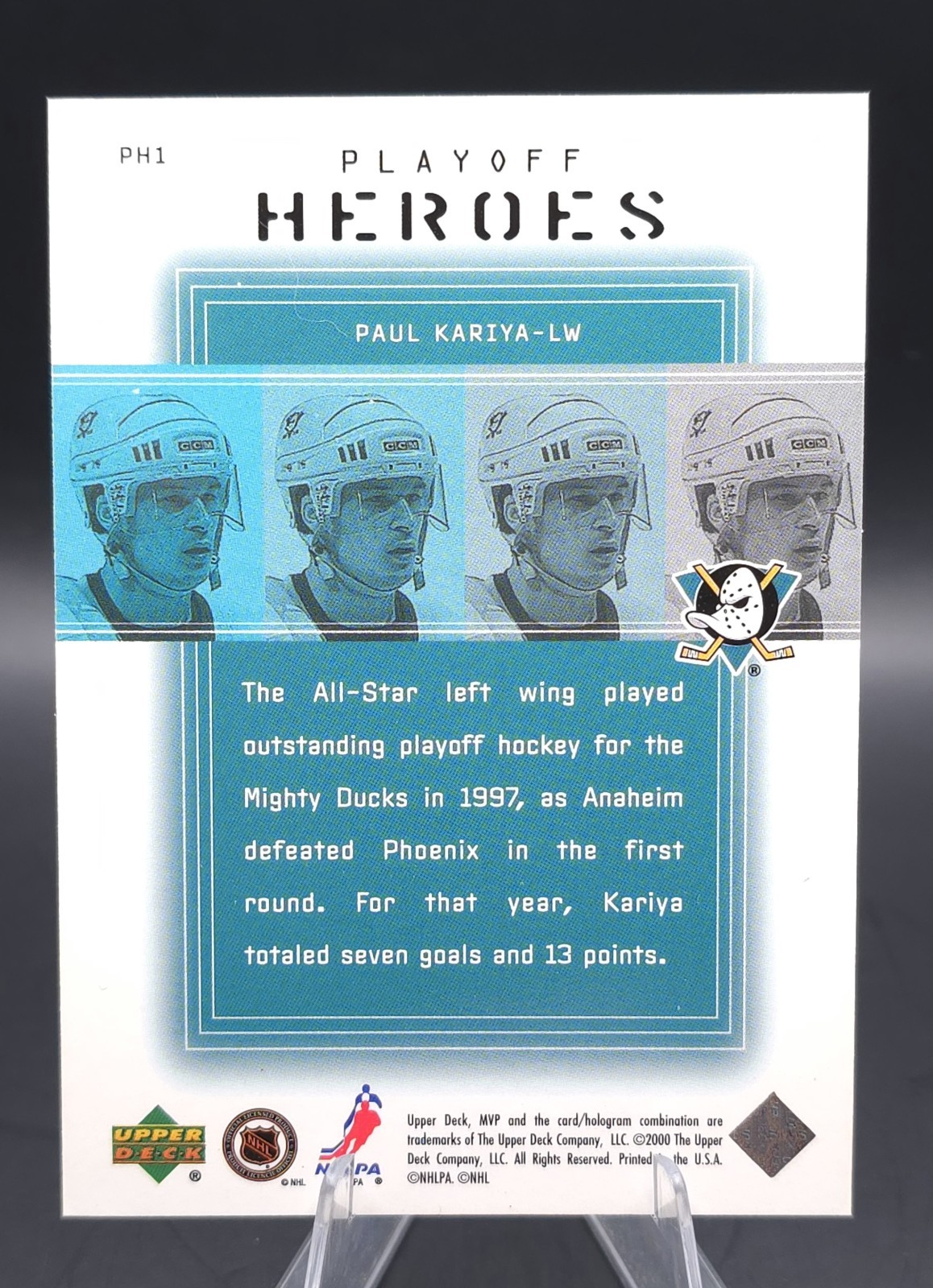 1999 Upper Deck MVP #PH1 Paul Kariya Stanley Cup Playoff Heroes Ducks FB